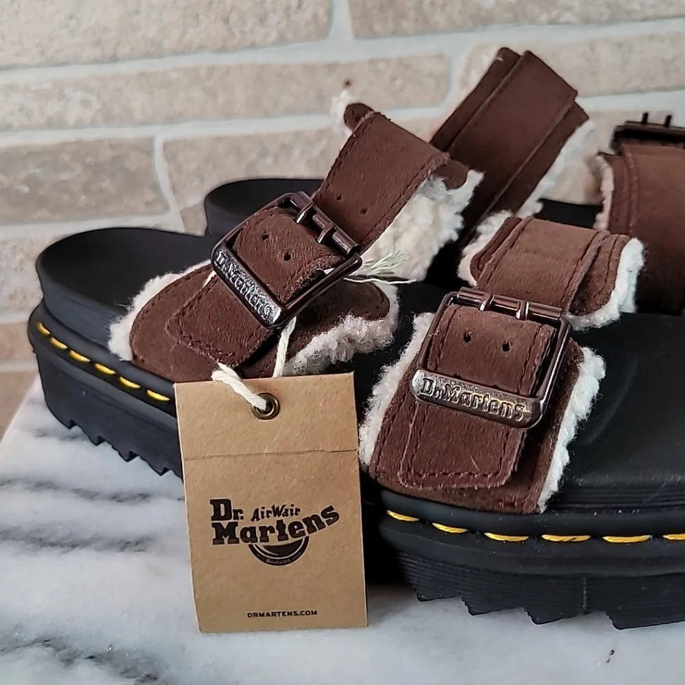Dr. Martens Myles Fur Lined Buckle Slide Sandals Dark Brown Suede Men’s 9